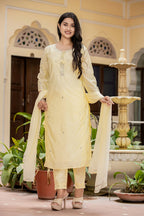 Kaajh Women's Light Yellow Modal Silk Kurta Pant Set With Dupatta | Grocsy