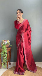Vastranavya Red Rangoli Silk Real Mirror work with Swarovski work Ready to Wear Saree | Grocsy