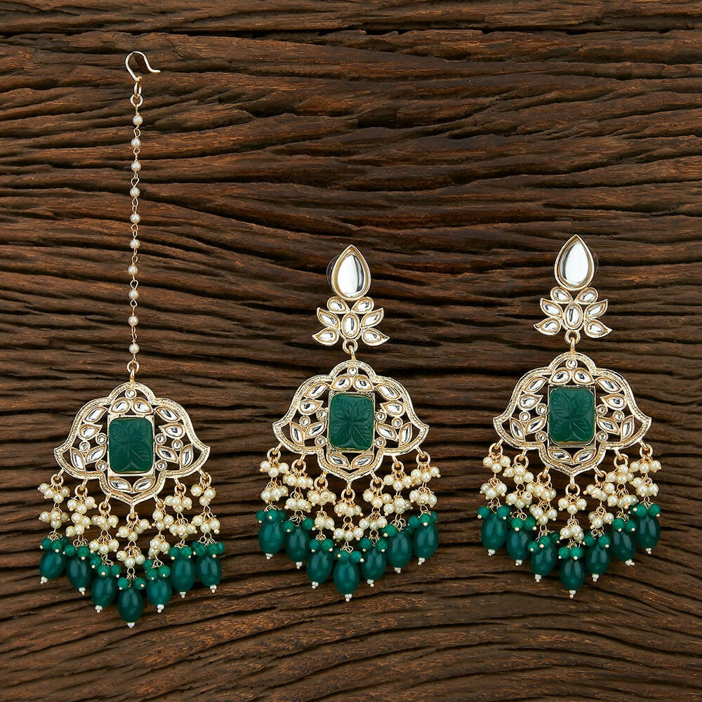 Joban Fashion Women Kundan Pearl, Onyx Stone Golden White Green Earring Tika | Grocsy