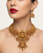 Jewel City Gold Temple Jewelry Set - Lakshmi Devi Necklace & Jhumka Earrings | Grocsy
