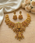 Jewel City Gold Temple Jewelry Set - Lakshmi Devi Necklace & Jhumka Earrings | Grocsy