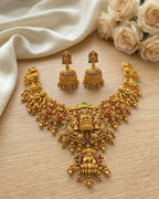 Jewel City Gold Temple Jewelry Set - Lakshmi Devi Necklace & Jhumka Earrings | Grocsy