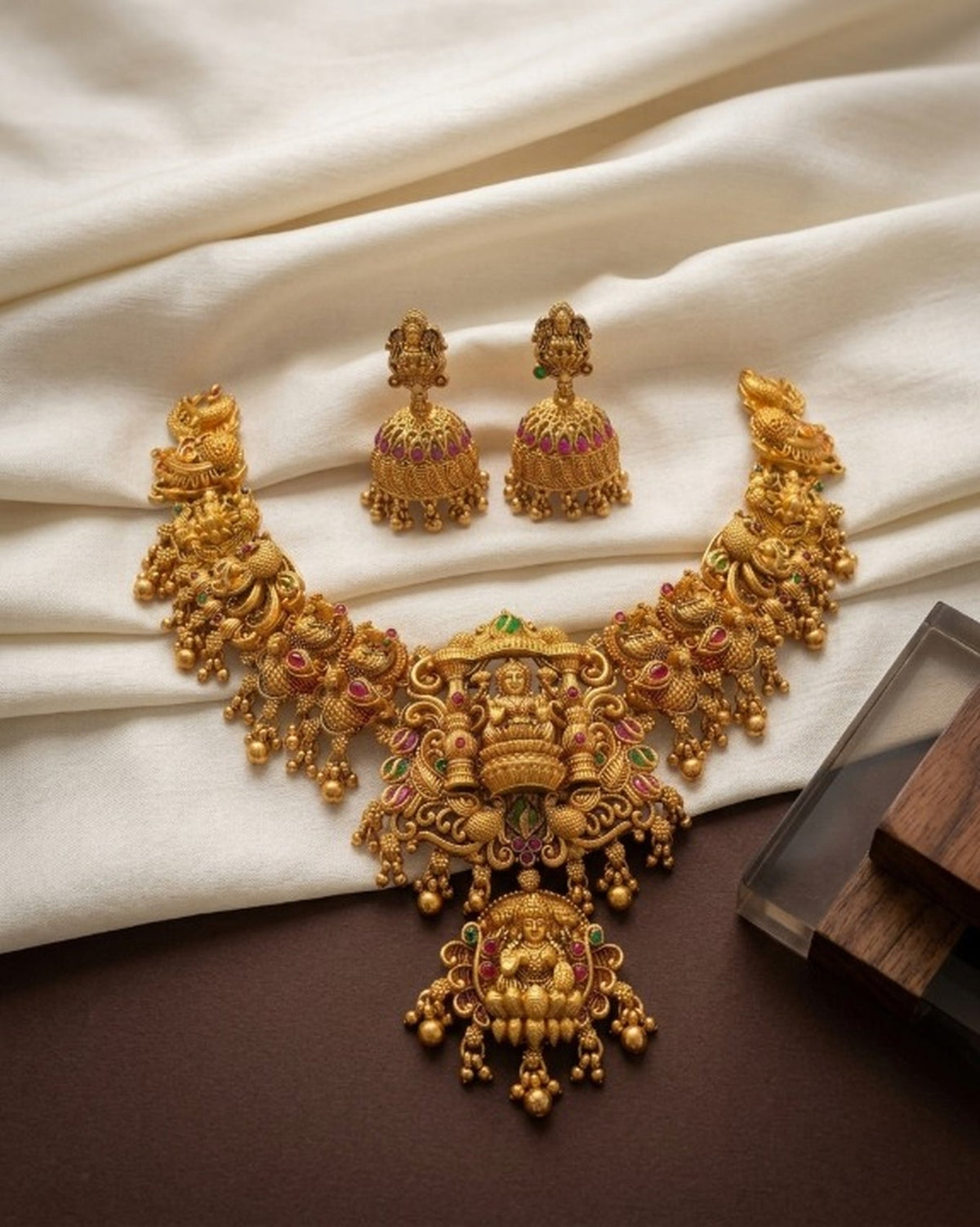 Jewel City Gold Temple Jewelry Set - Lakshmi Devi Necklace & Jhumka Earrings | Grocsy