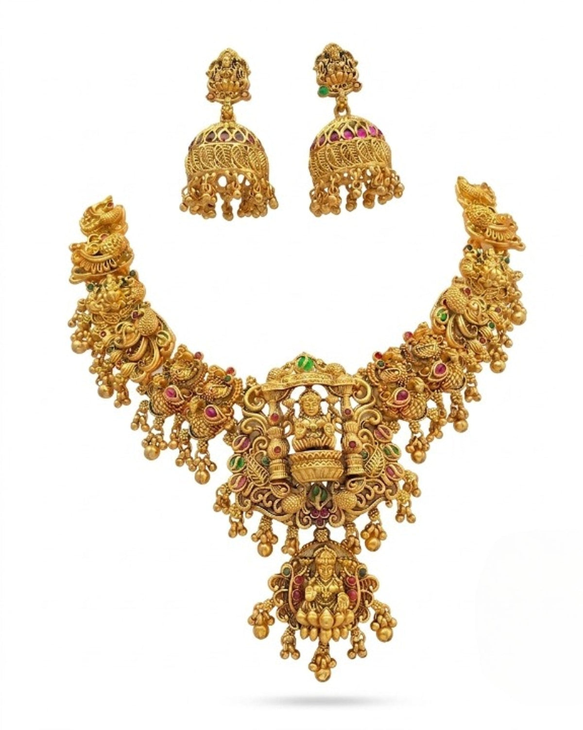 Jewel City Gold Temple Jewelry Set - Lakshmi Devi Necklace & Jhumka Earrings | Grocsy