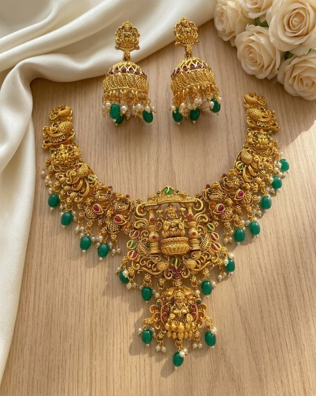 Jewel City Gold Temple Jewelry Set - Green Lakshmi Devi Necklace & Jhumka Earrings | Grocsy