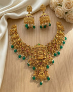 Jewel City Gold Temple Jewelry Set - Green Lakshmi Devi Necklace & Jhumka Earrings | Grocsy
