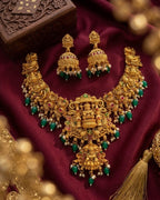 Jewel City Gold Temple Jewelry Set - Green Lakshmi Devi Necklace & Jhumka Earrings | Grocsy
