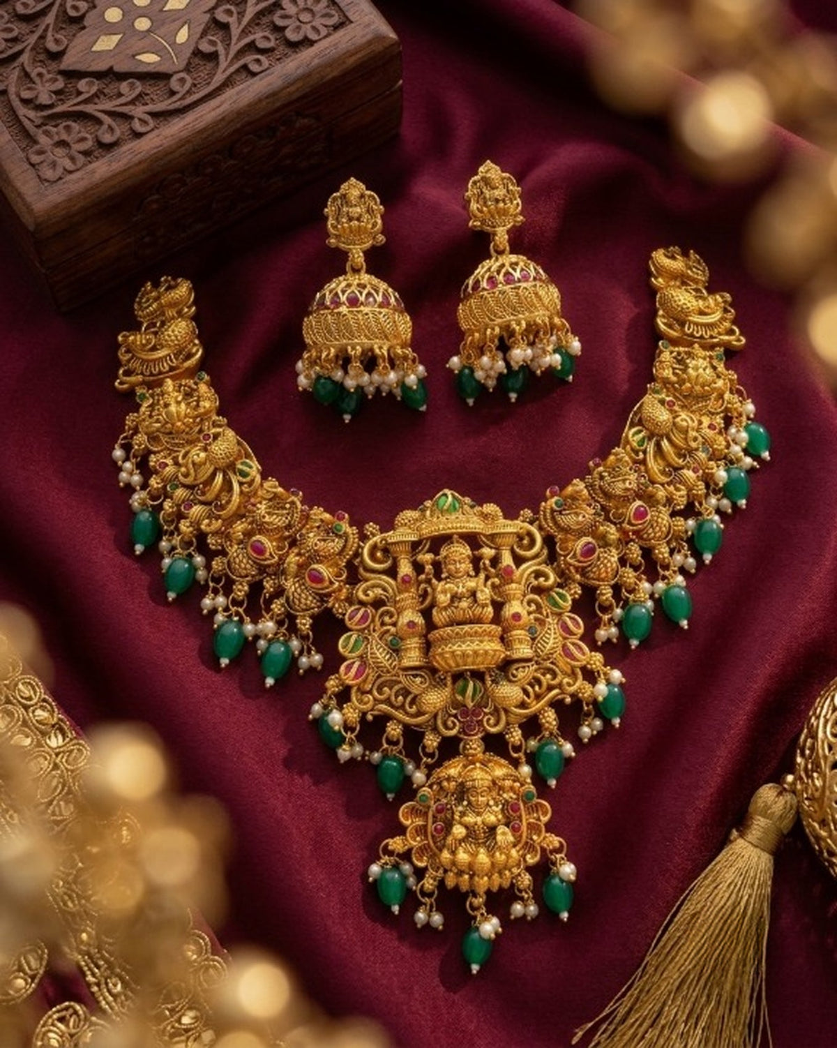 Jewel City Gold Temple Jewelry Set - Green Lakshmi Devi Necklace & Jhumka Earrings | Grocsy