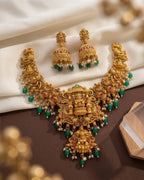 Jewel City Gold Temple Jewelry Set - Green Lakshmi Devi Necklace & Jhumka Earrings | Grocsy
