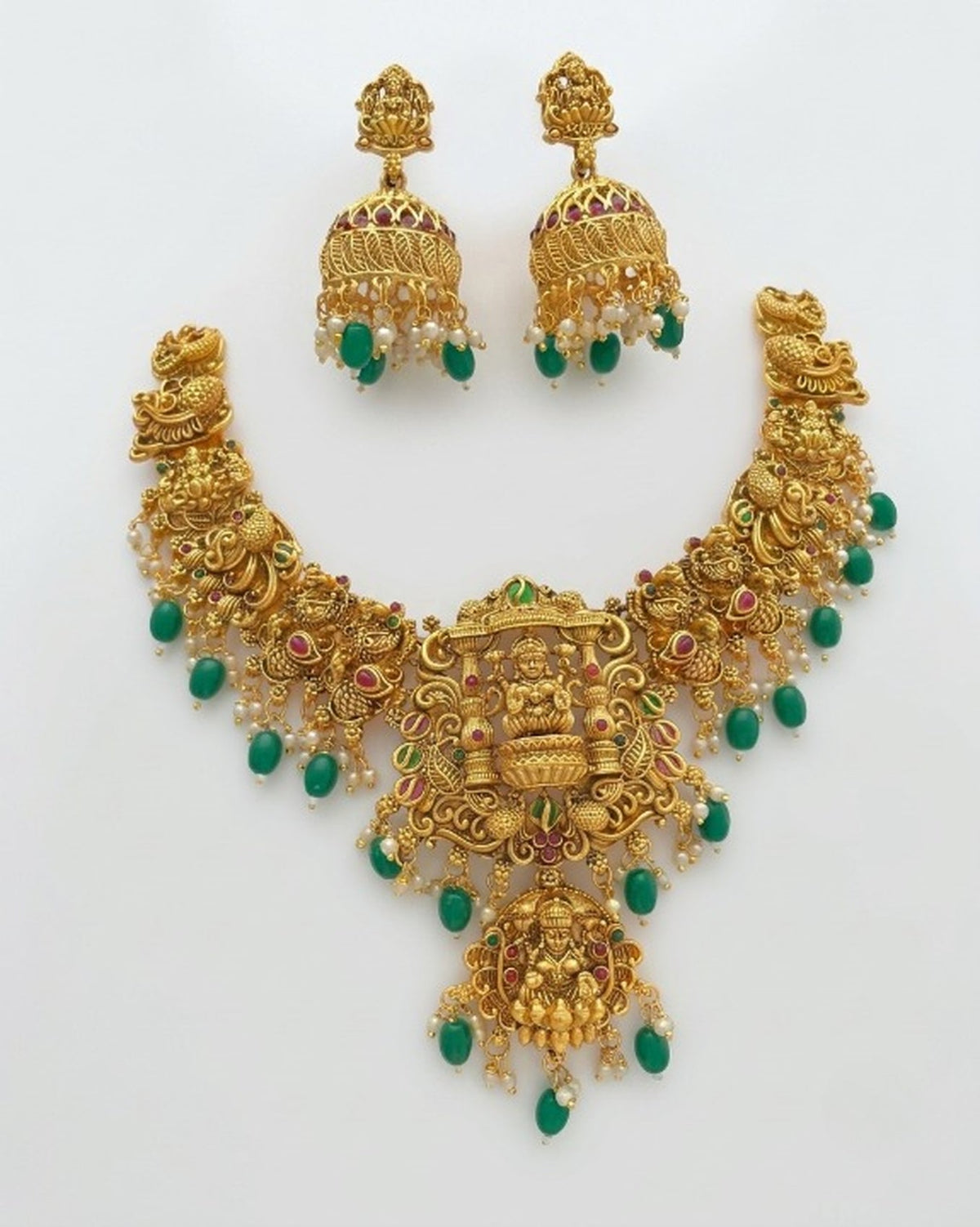 Jewel City Gold Temple Jewelry Set - Green Lakshmi Devi Necklace & Jhumka Earrings | Grocsy