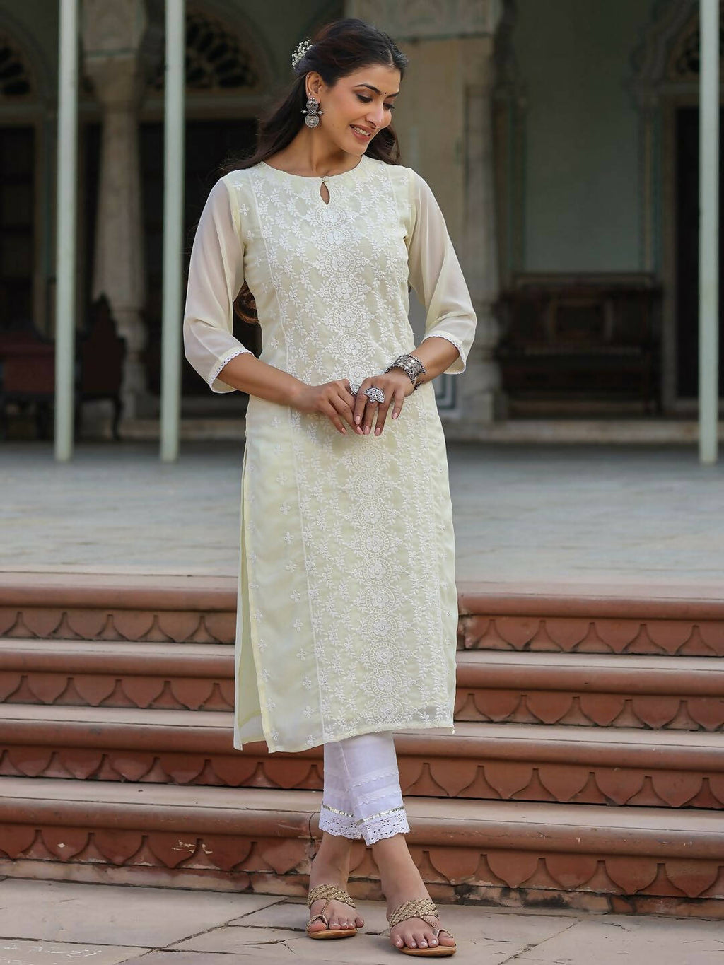 Juniper Women's Lemon Georgette Printed Kurta | Grocsy