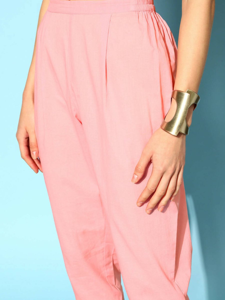Ahalyaa Women Pink Colour Cotton Silver Foil Printed Kurta Pant Set | Grocsy