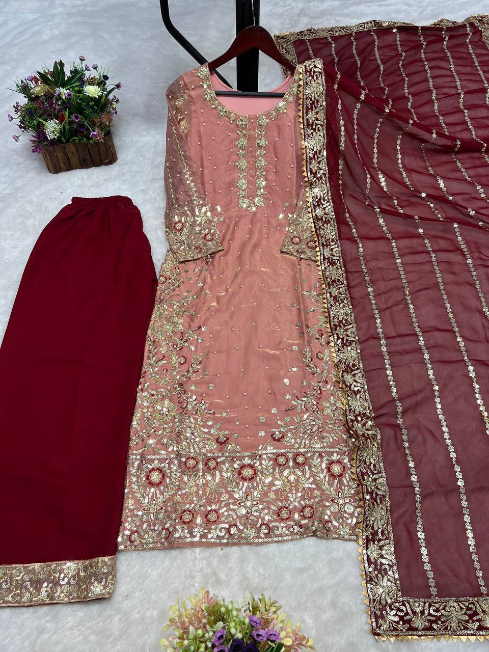Prazu Fashion Peach Frendy Silk Embroidered Riveted Moti Work Palazzo Suit | Grocsy