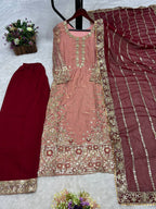 Prazu Fashion Peach Frendy Silk Embroidered Riveted Moti Work Palazzo Suit | Grocsy