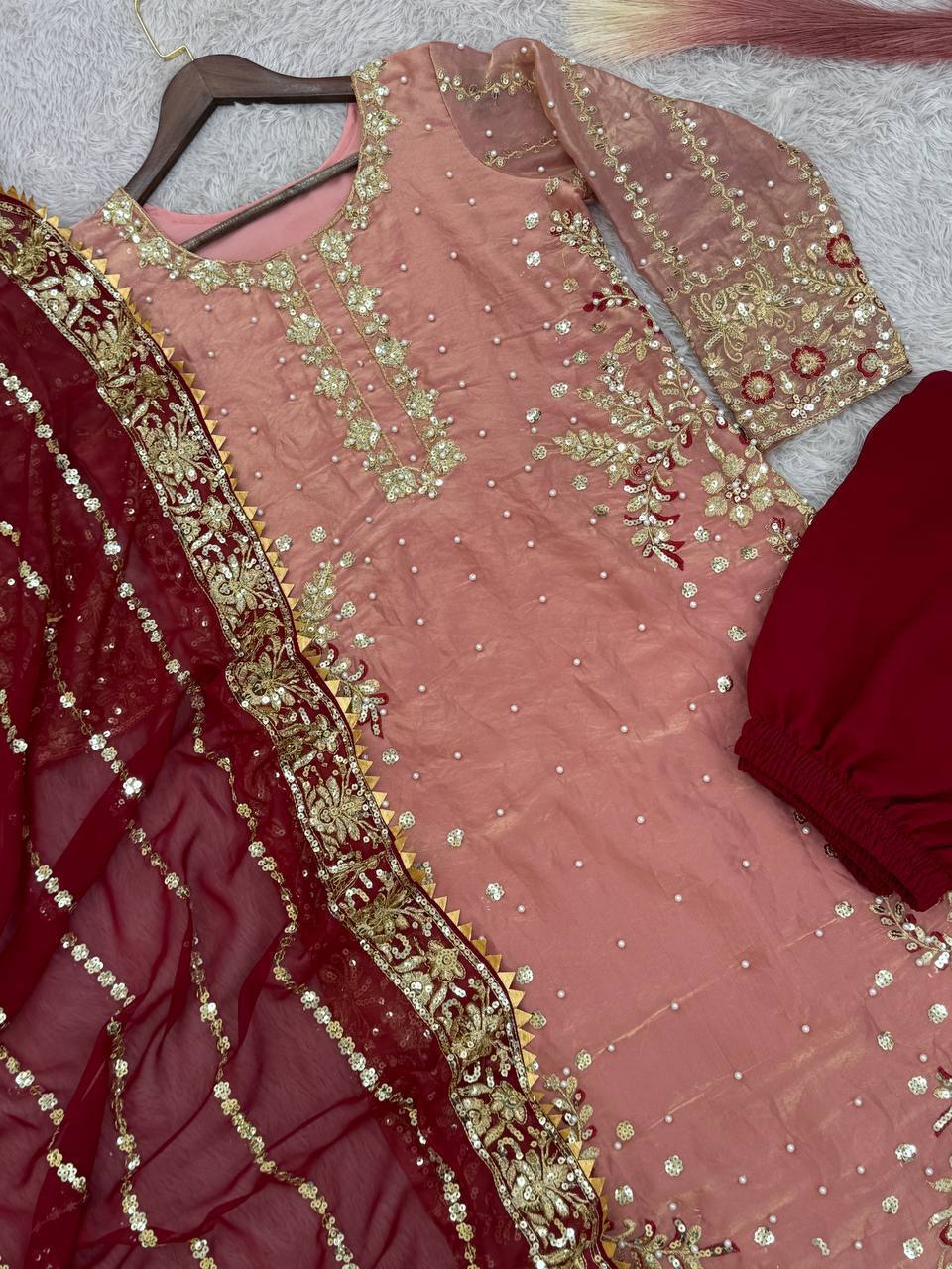 Prazu Fashion Peach Frendy Silk Embroidered Riveted Moti Work Palazzo Suit | Grocsy