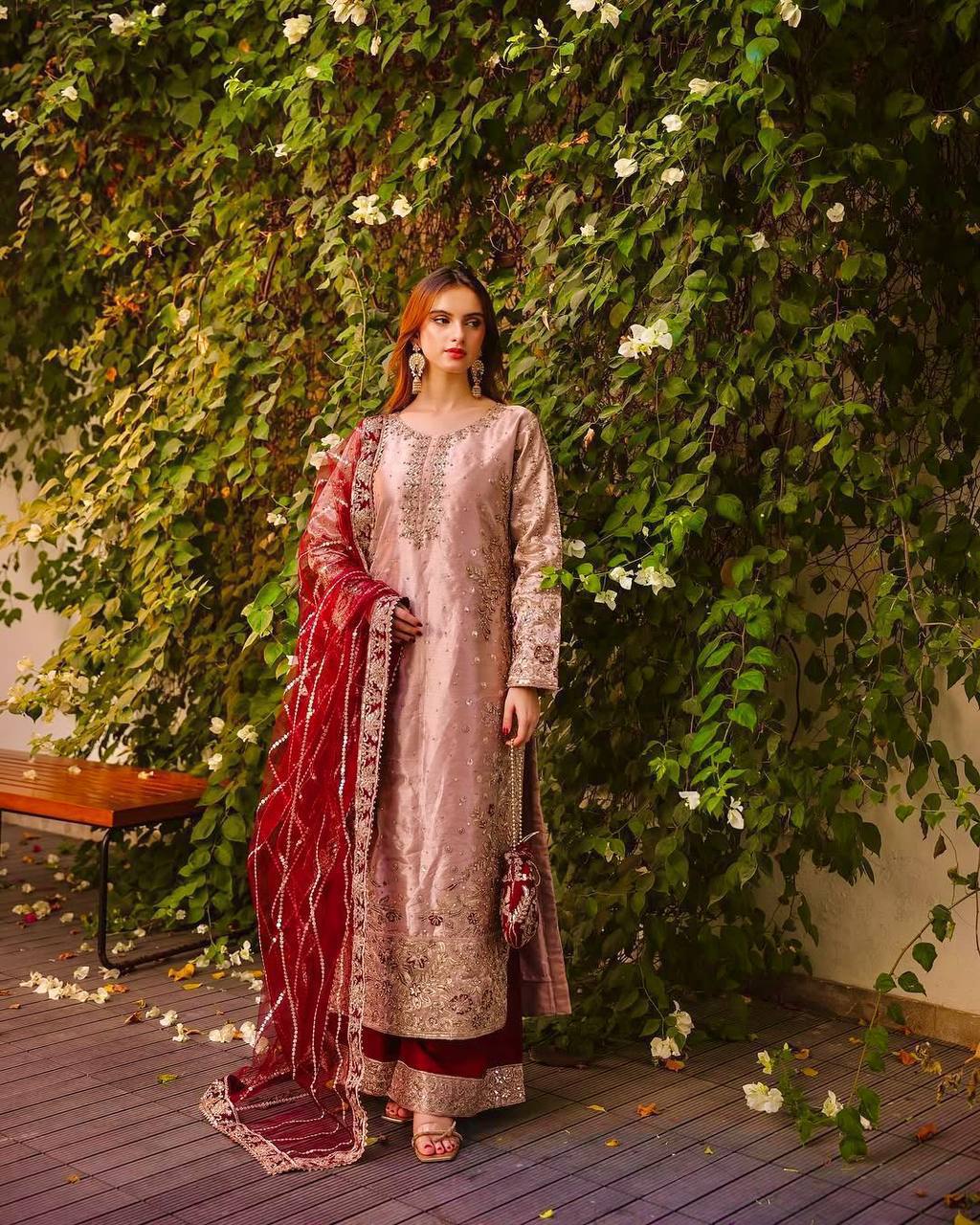 Prazu Fashion Peach Frendy Silk Embroidered Riveted Moti Work Palazzo Suit | Grocsy