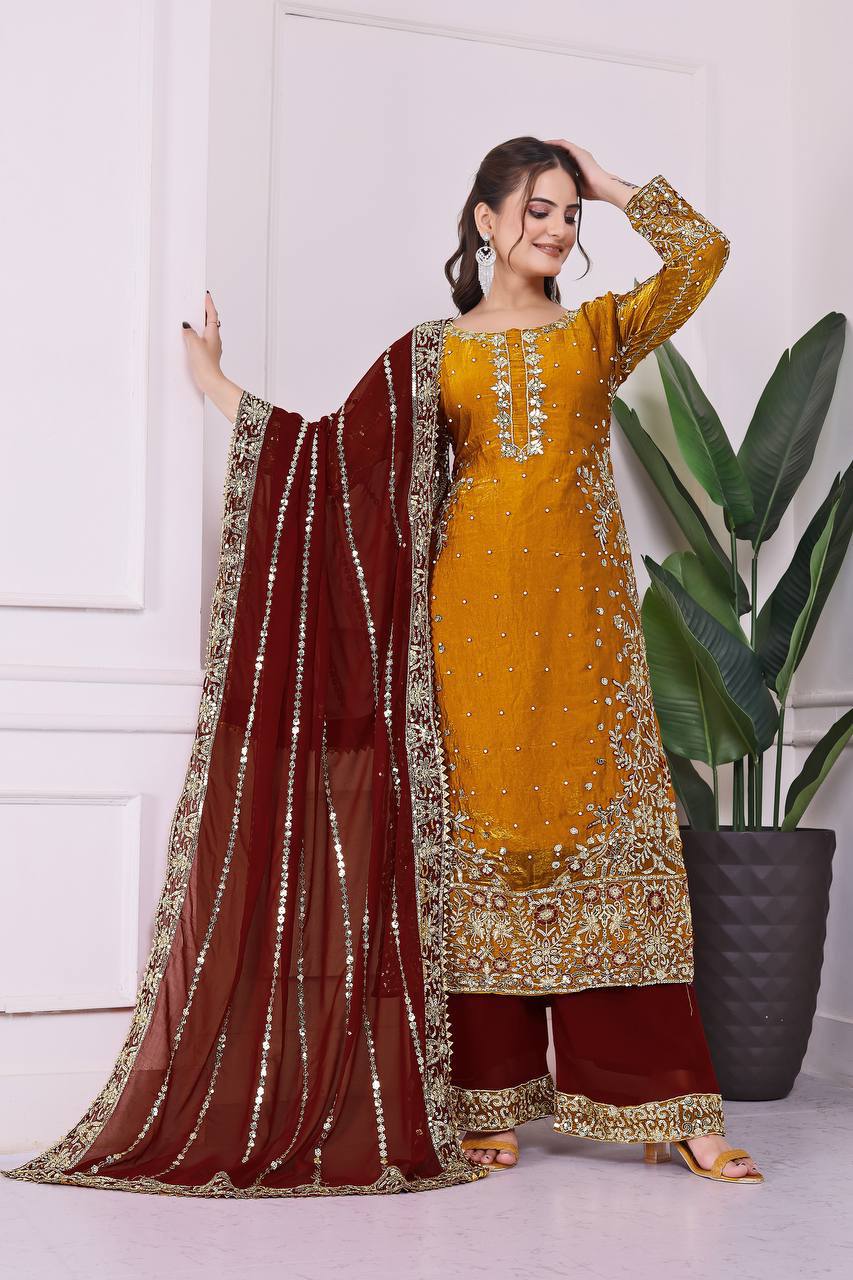 Prazu Fashion Yellow Frendy Silk Embroidered Riveted Moti Work Palazzo Suit | Grocsy