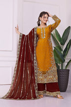 Prazu Fashion Yellow Frendy Silk Embroidered Riveted Moti Work Palazzo Suit | Grocsy