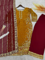Prazu Fashion Yellow Frendy Silk Embroidered Riveted Moti Work Palazzo Suit | Grocsy