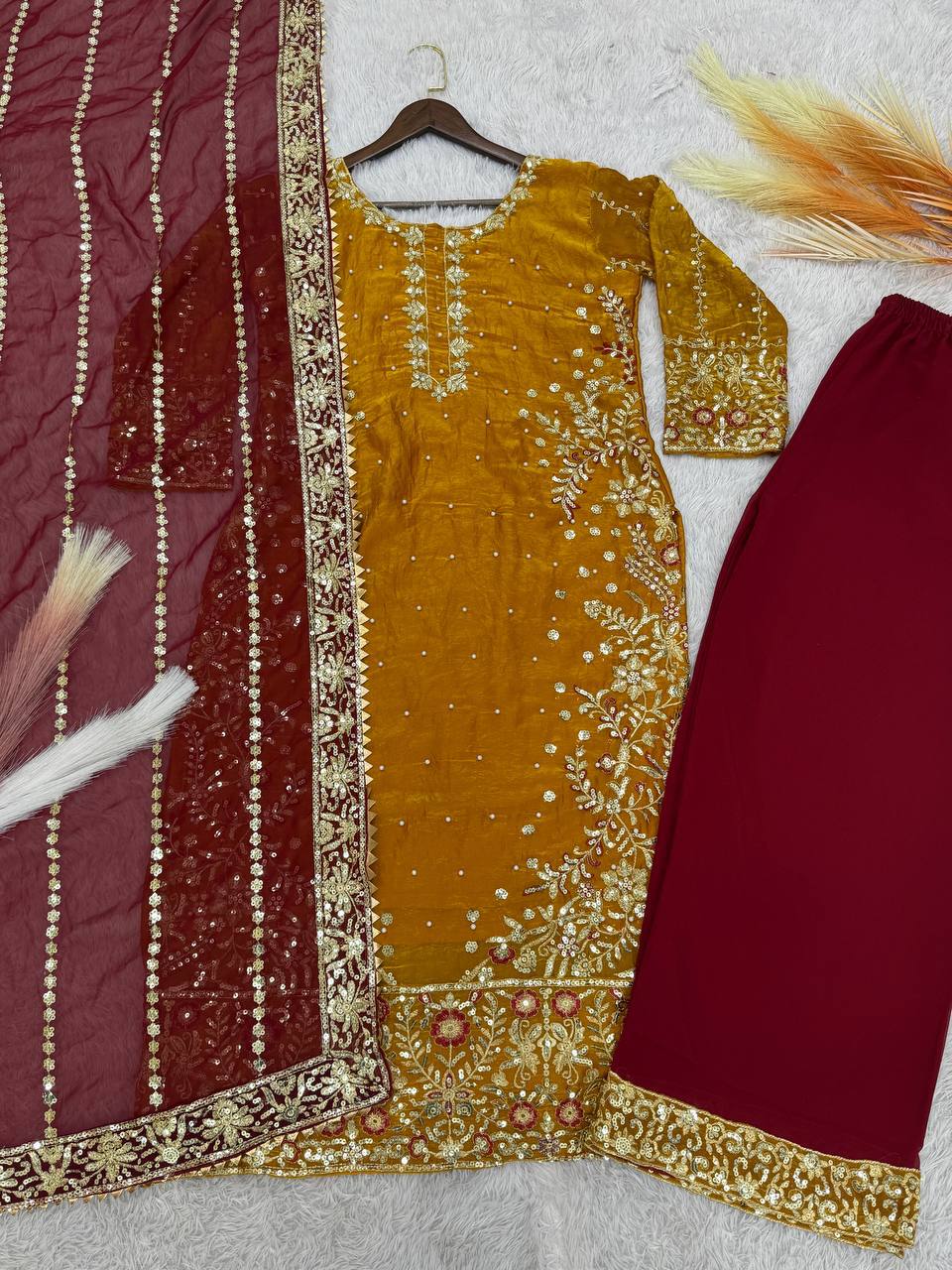 Prazu Fashion Yellow Frendy Silk Embroidered Riveted Moti Work Palazzo Suit | Grocsy