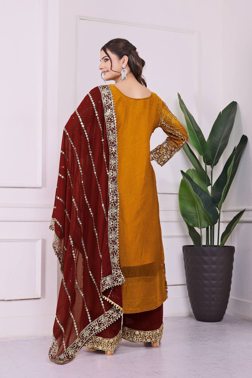 Prazu Fashion Yellow Frendy Silk Embroidered Riveted Moti Work Palazzo Suit | Grocsy