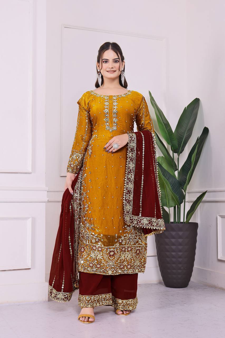 Prazu Fashion Yellow Frendy Silk Embroidered Riveted Moti Work Palazzo Suit | Grocsy