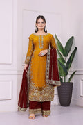 Prazu Fashion Yellow Frendy Silk Embroidered Riveted Moti Work Palazzo Suit | Grocsy