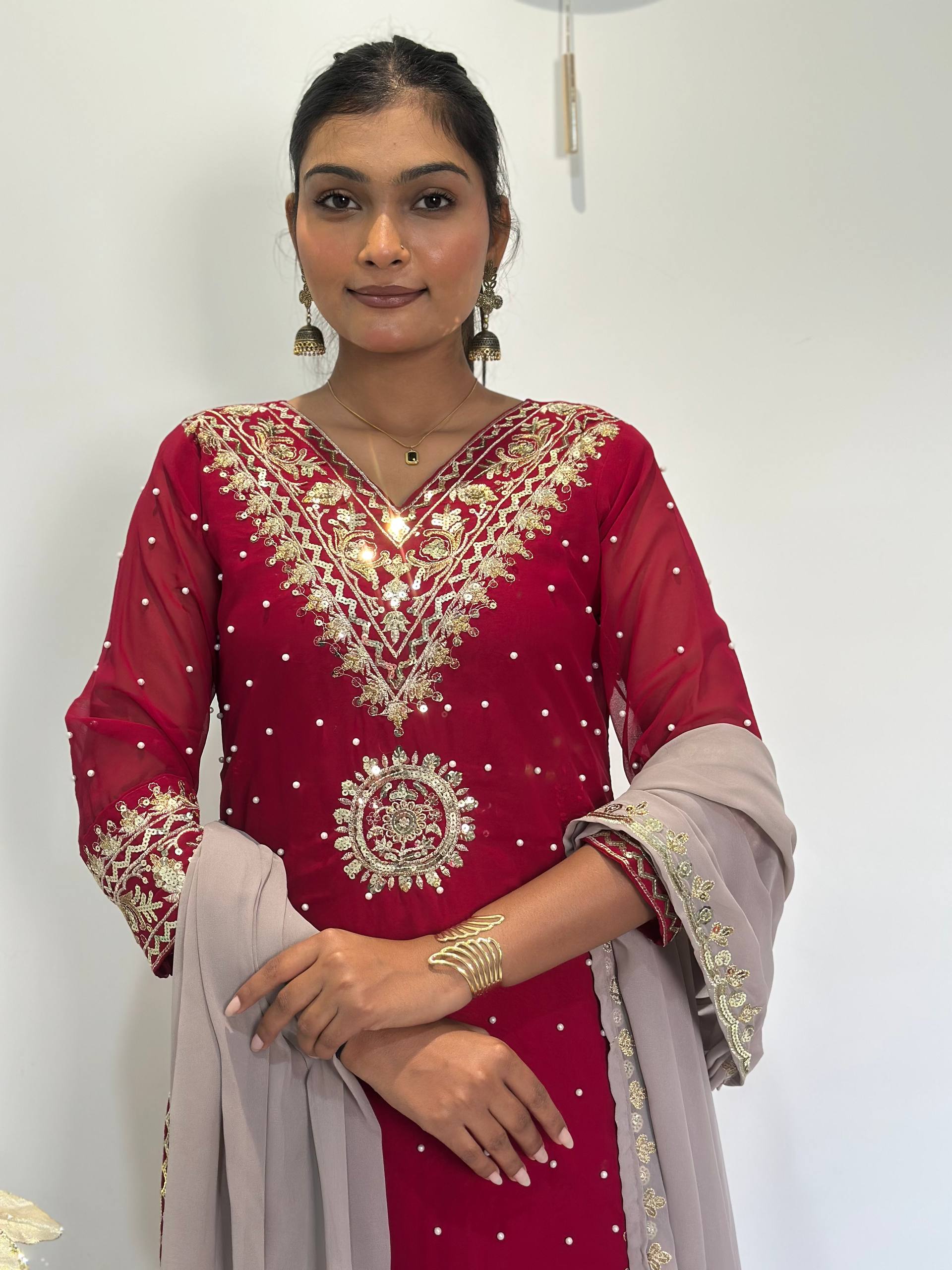 Prazu Fashion Maroon Georgette Embroidered Sequence Palazzo Suit | Grocsy