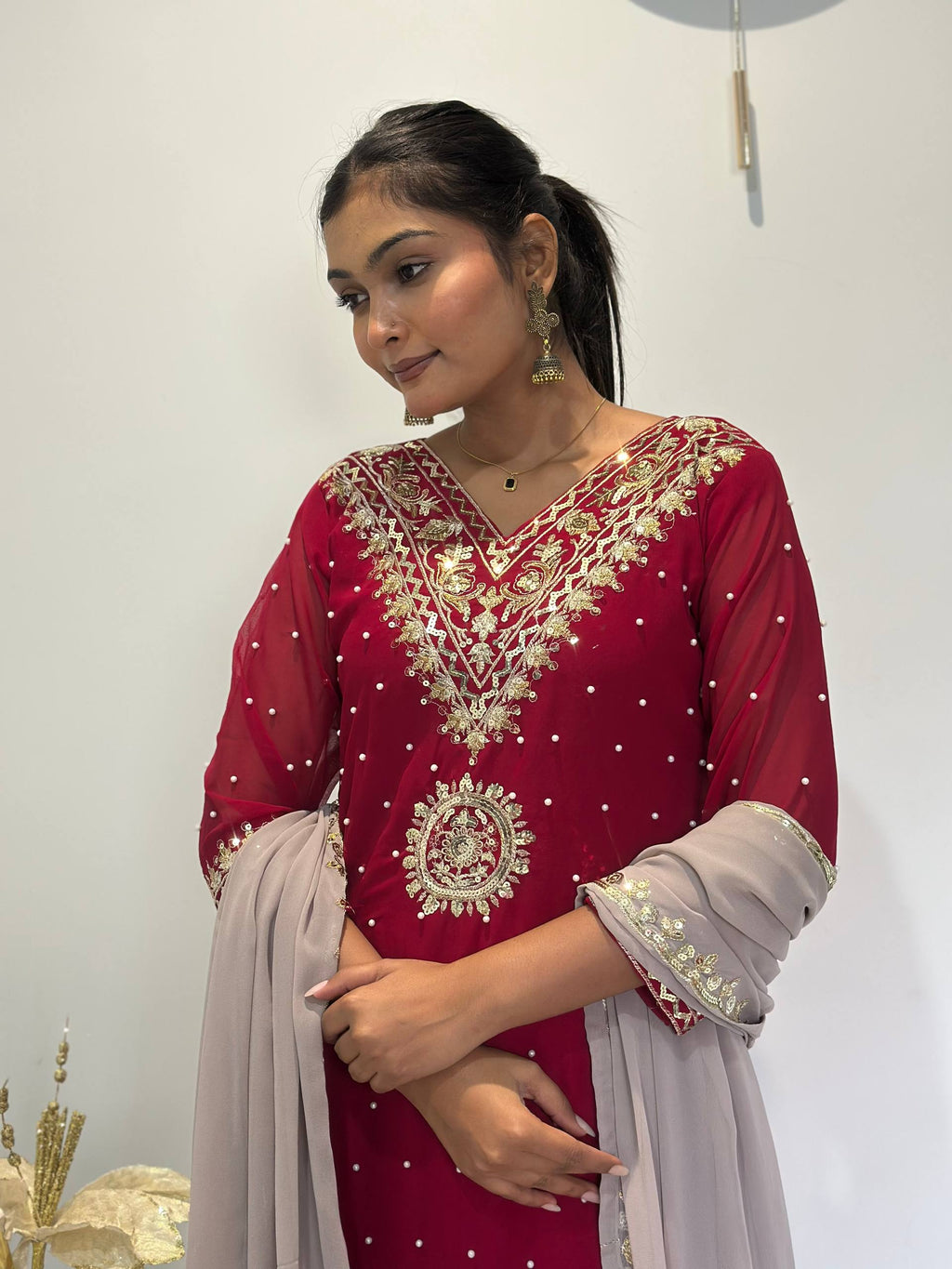 Prazu Fashion Maroon Georgette Embroidered Sequence Palazzo Suit | Grocsy