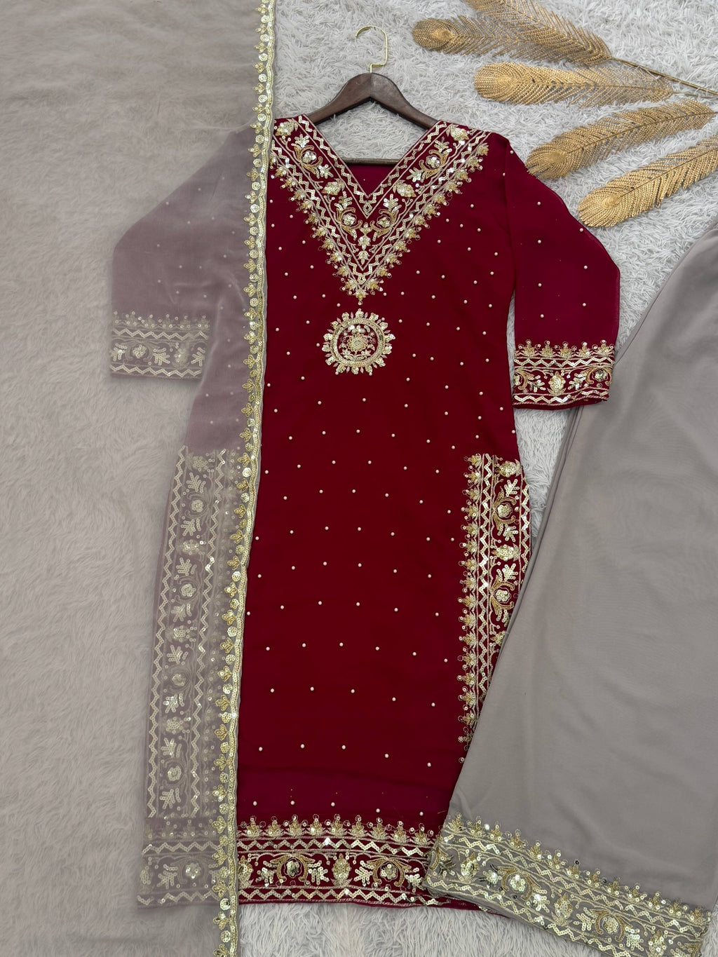 Prazu Fashion Maroon Georgette Embroidered Sequence Palazzo Suit | Grocsy