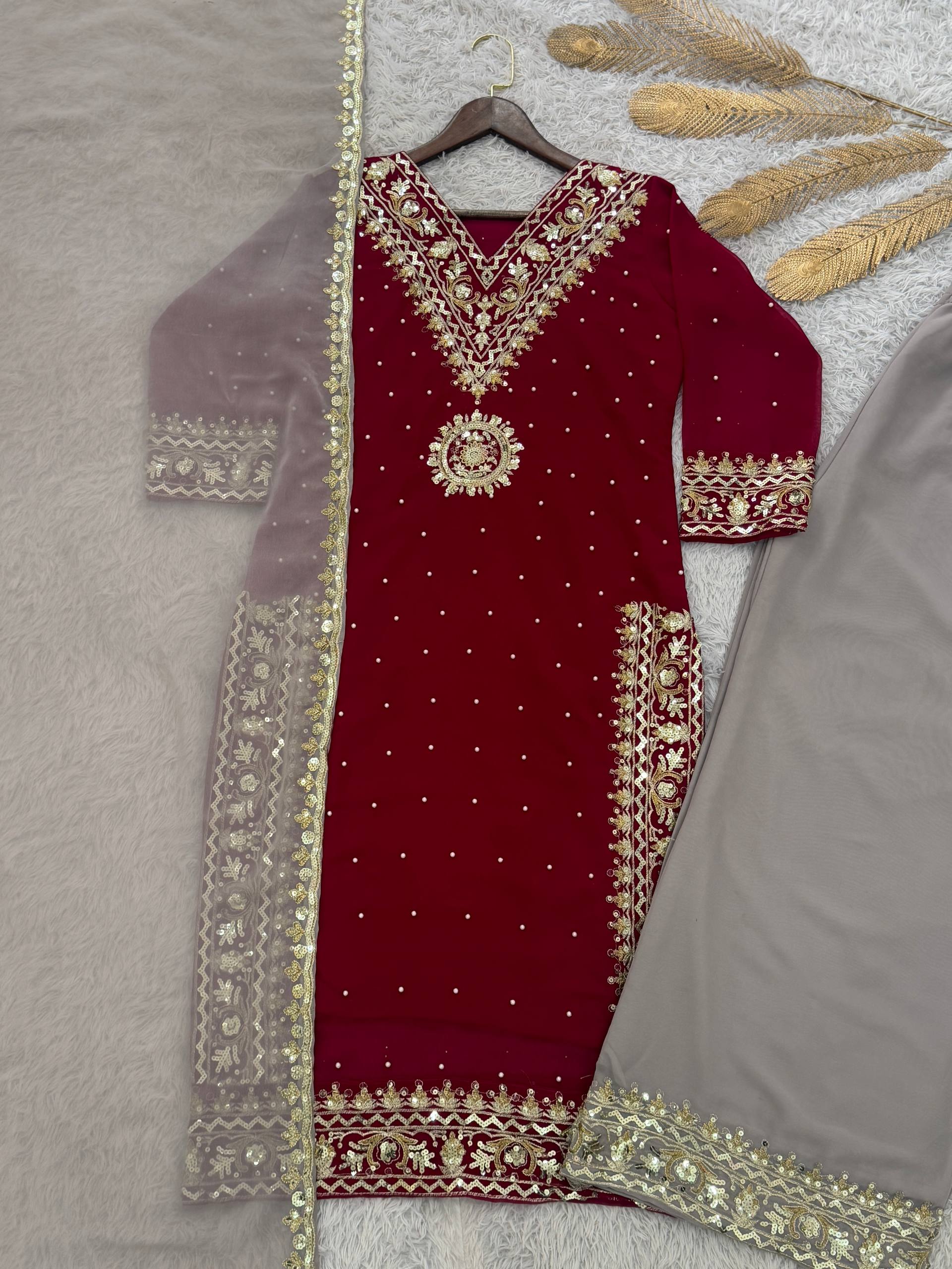 Prazu Fashion Maroon Georgette Embroidered Sequence Palazzo Suit | Grocsy
