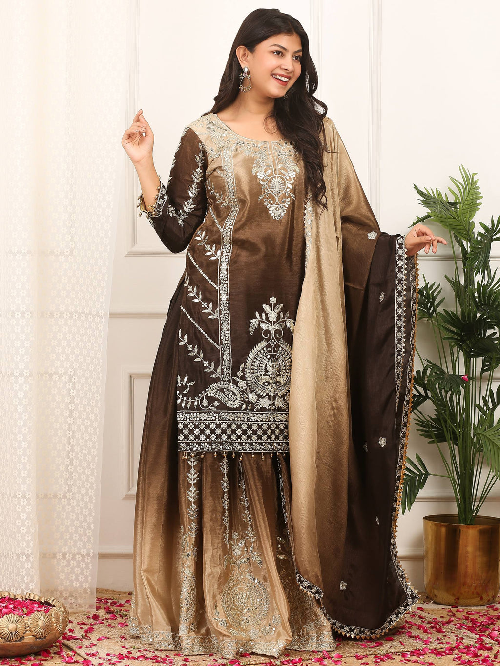 Prazu Fashion Coffee Shaded Chinon Silk Embroidered Sequence Palazzo Suit | Grocsy