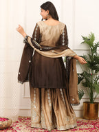 Prazu Fashion Coffee Shaded Chinon Silk Embroidered Sequence Palazzo Suit | Grocsy