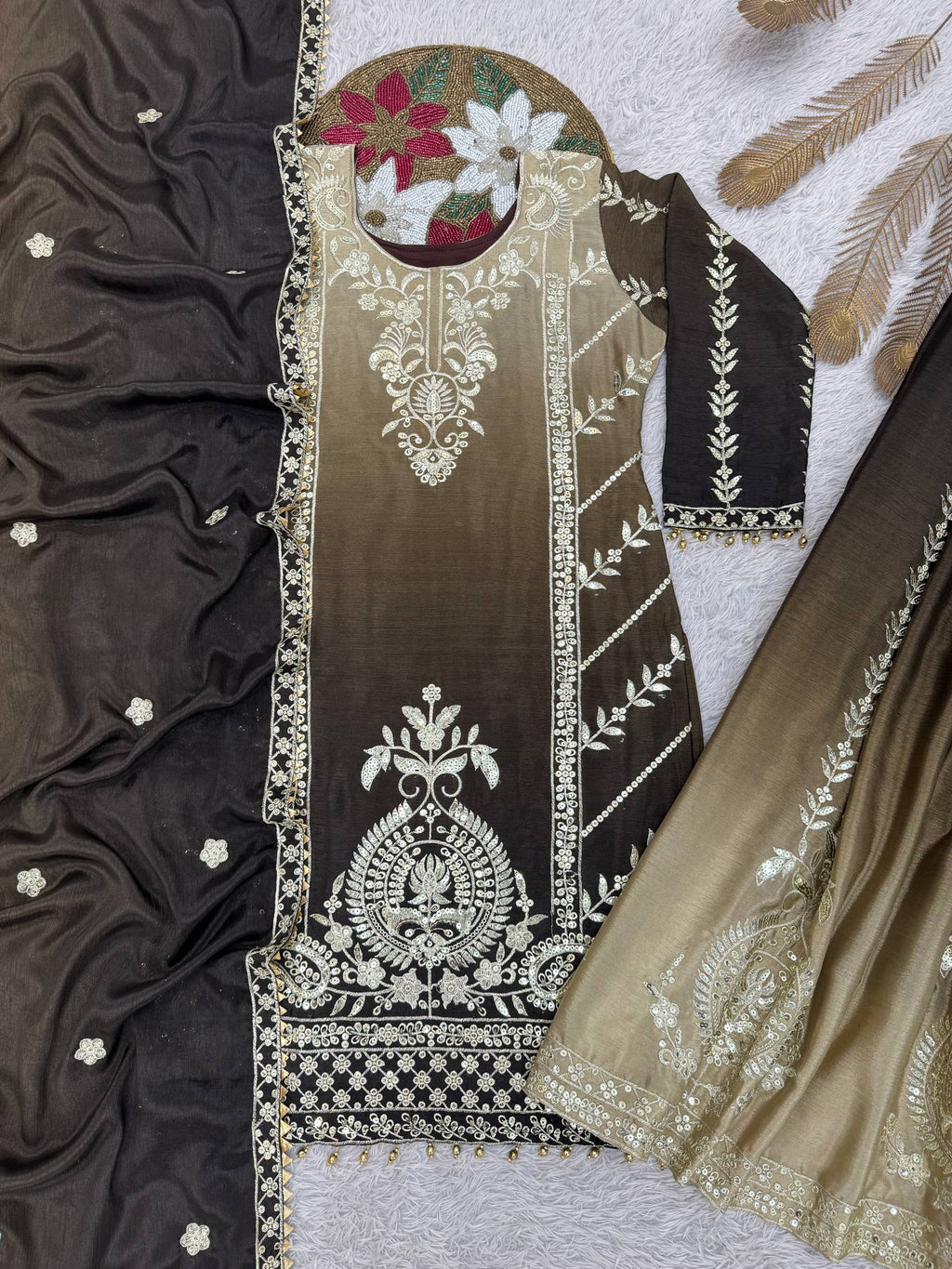 Prazu Fashion Coffee Shaded Chinon Silk Embroidered Sequence Palazzo Suit | Grocsy