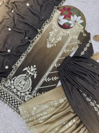 Prazu Fashion Coffee Shaded Chinon Silk Embroidered Sequence Palazzo Suit | Grocsy