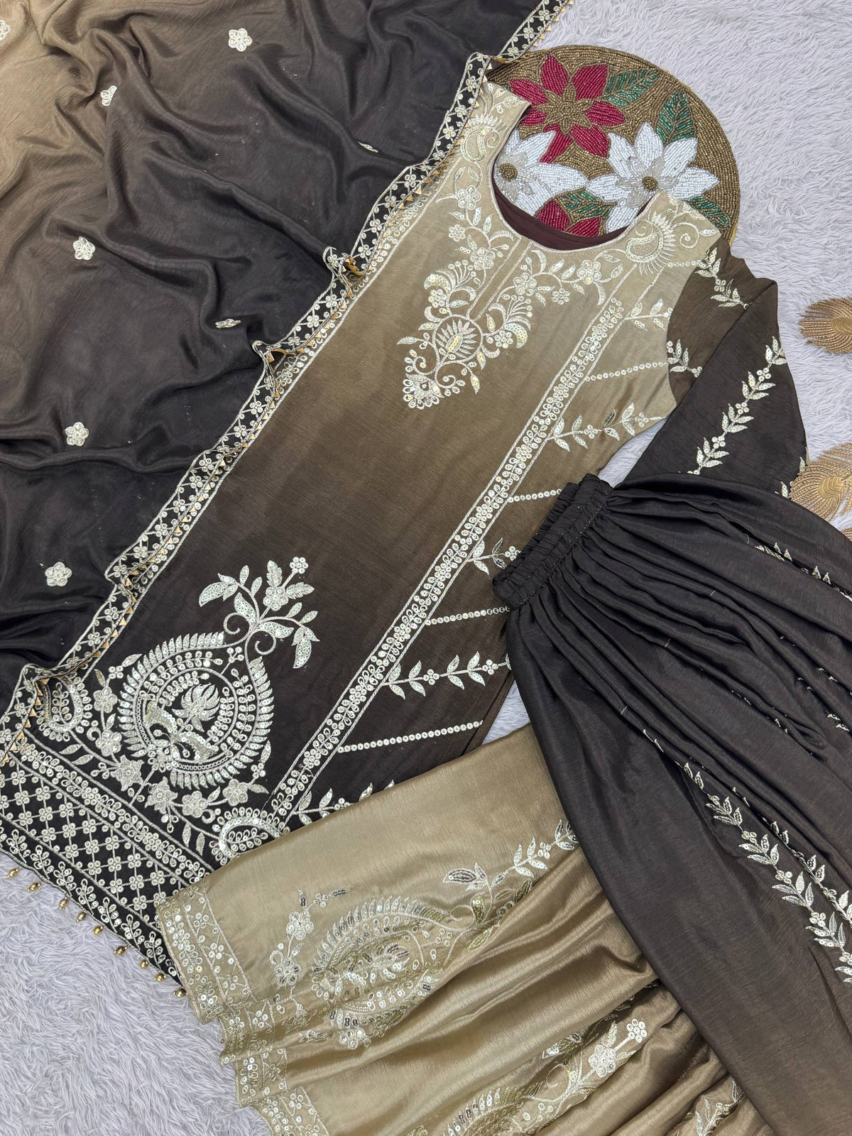 Prazu Fashion Coffee Shaded Chinon Silk Embroidered Sequence Palazzo Suit | Grocsy