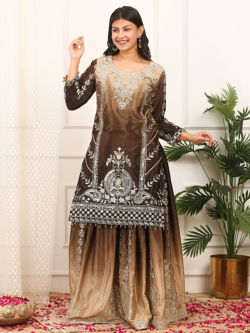 Prazu Fashion Coffee Shaded Chinon Silk Embroidered Sequence Palazzo Suit | Grocsy