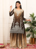 Prazu Fashion Coffee Shaded Chinon Silk Embroidered Sequence Palazzo Suit | Grocsy
