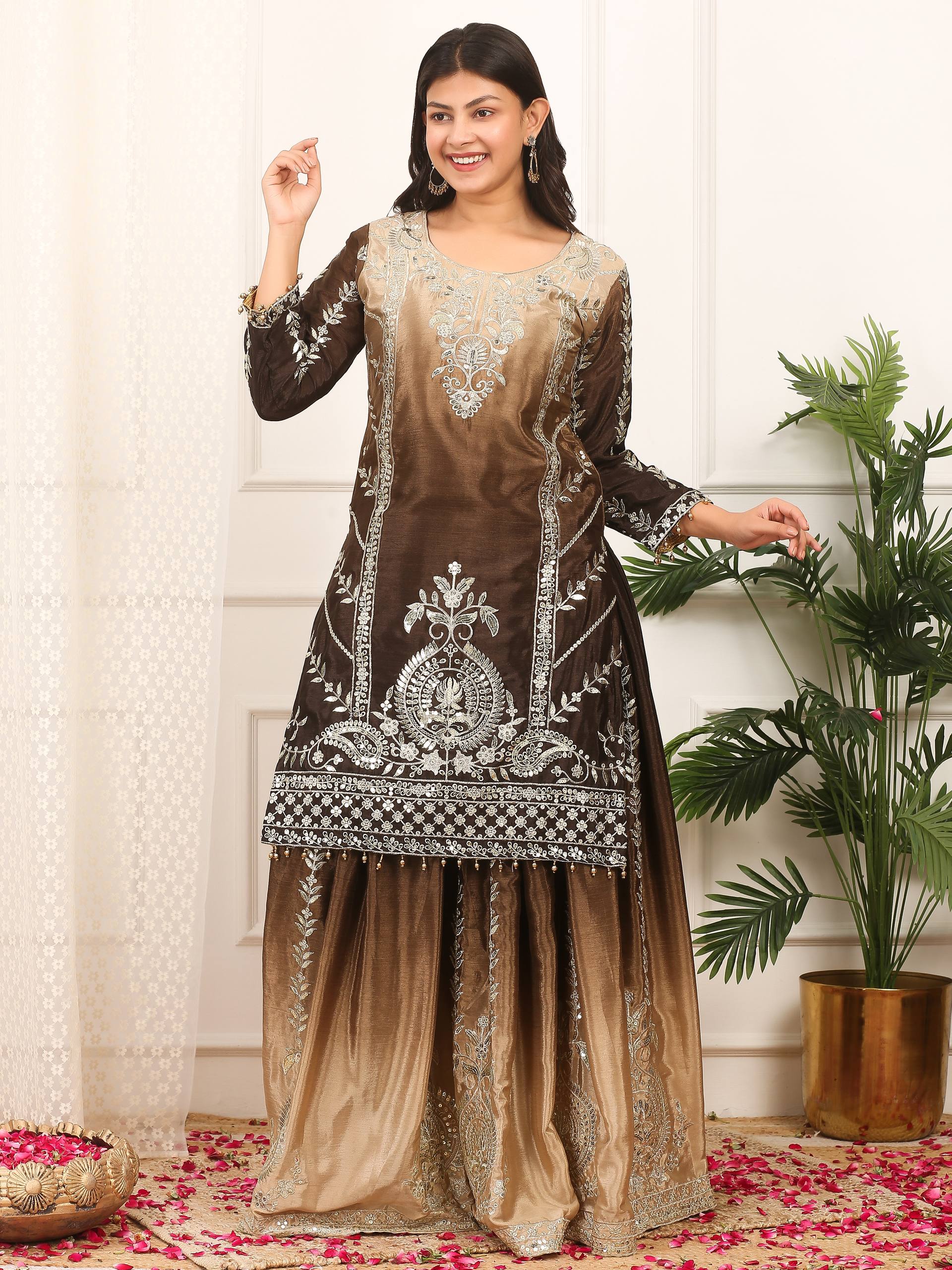 Prazu Fashion Coffee Shaded Chinon Silk Embroidered Sequence Palazzo Suit | Grocsy