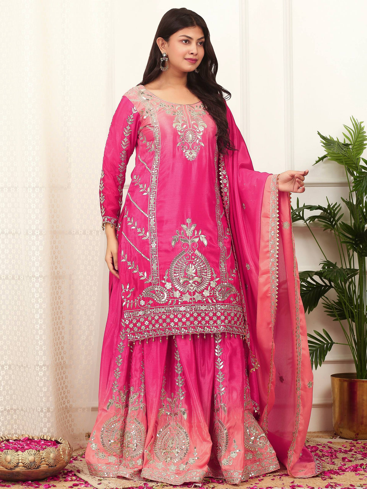 Prazu Fashion Pink Shaded Chinon Silk Embroidered Sequence Palazzo Suit | Grocsy