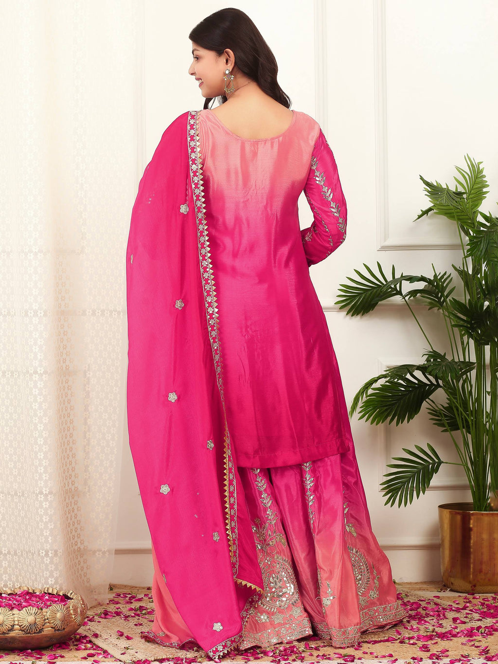Prazu Fashion Pink Shaded Chinon Silk Embroidered Sequence Palazzo Suit | Grocsy