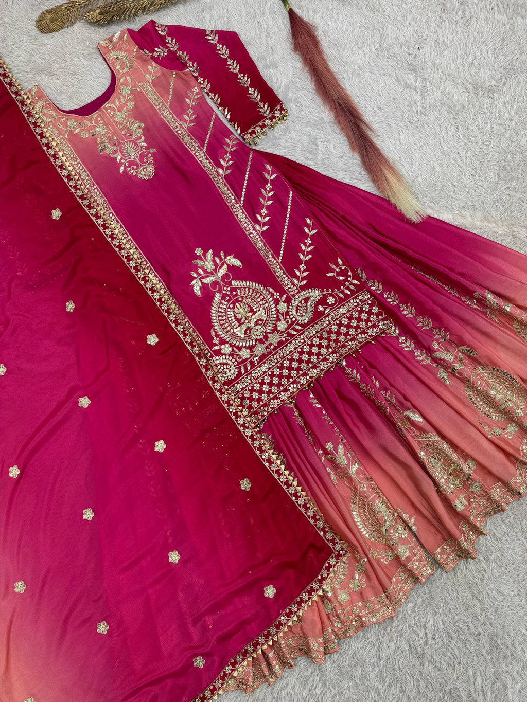 Prazu Fashion Pink Shaded Chinon Silk Embroidered Sequence Palazzo Suit | Grocsy