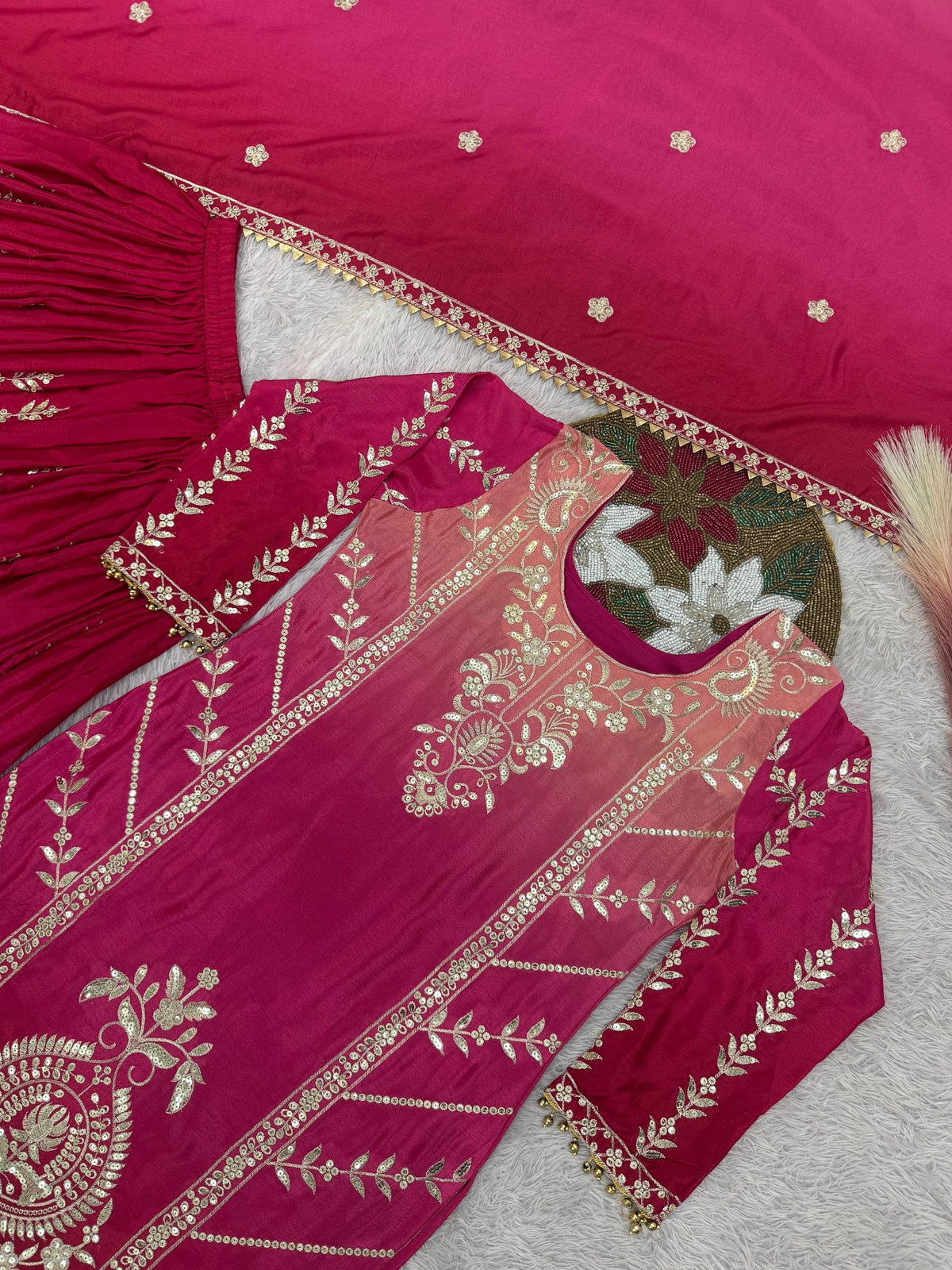 Prazu Fashion Pink Shaded Chinon Silk Embroidered Sequence Palazzo Suit | Grocsy