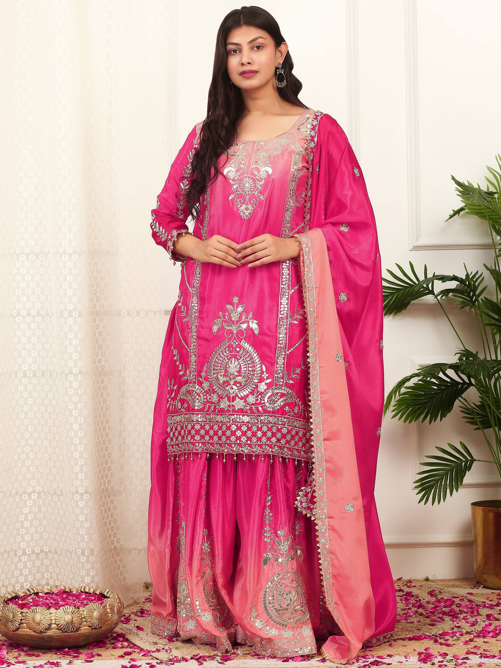 Prazu Fashion Pink Shaded Chinon Silk Embroidered Sequence Palazzo Suit | Grocsy