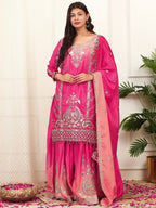 Prazu Fashion Pink Shaded Chinon Silk Embroidered Sequence Palazzo Suit | Grocsy