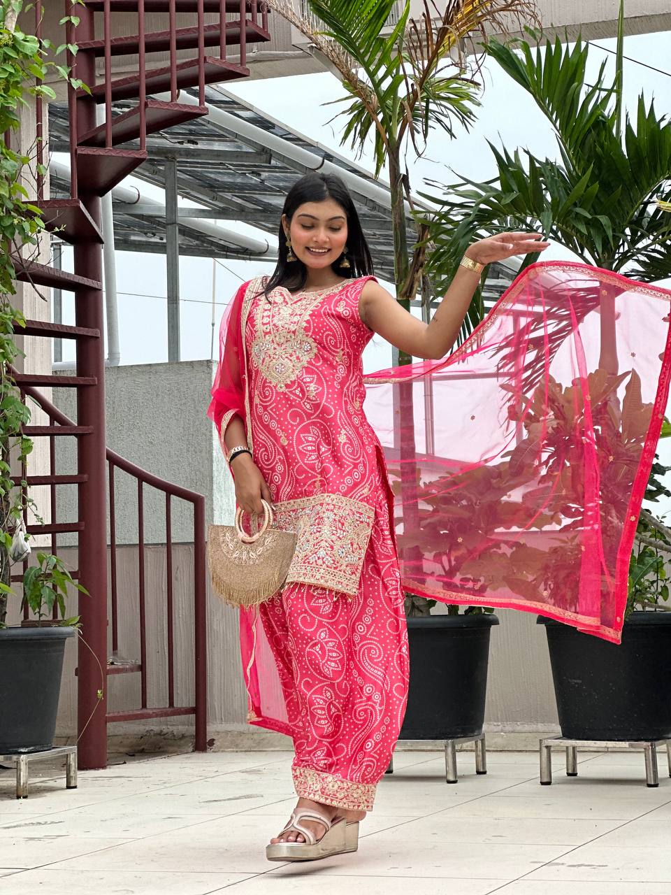 Prazu Fashion Pink Chinon Silk Embroidered Dhoti Style Suit | Grocsy