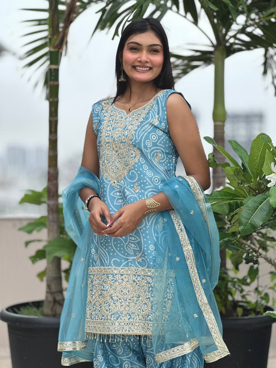 Prazu Fashion Sky Blue Chinon Silk Embroidered Dhoti Style Suit | Grocsy
