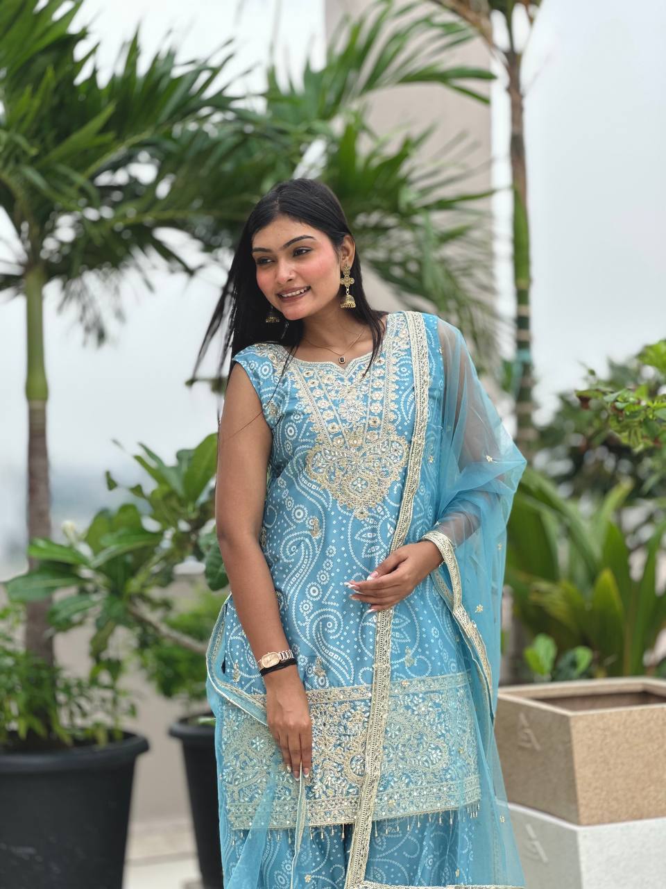 Prazu Fashion Sky Blue Chinon Silk Embroidered Dhoti Style Suit | Grocsy