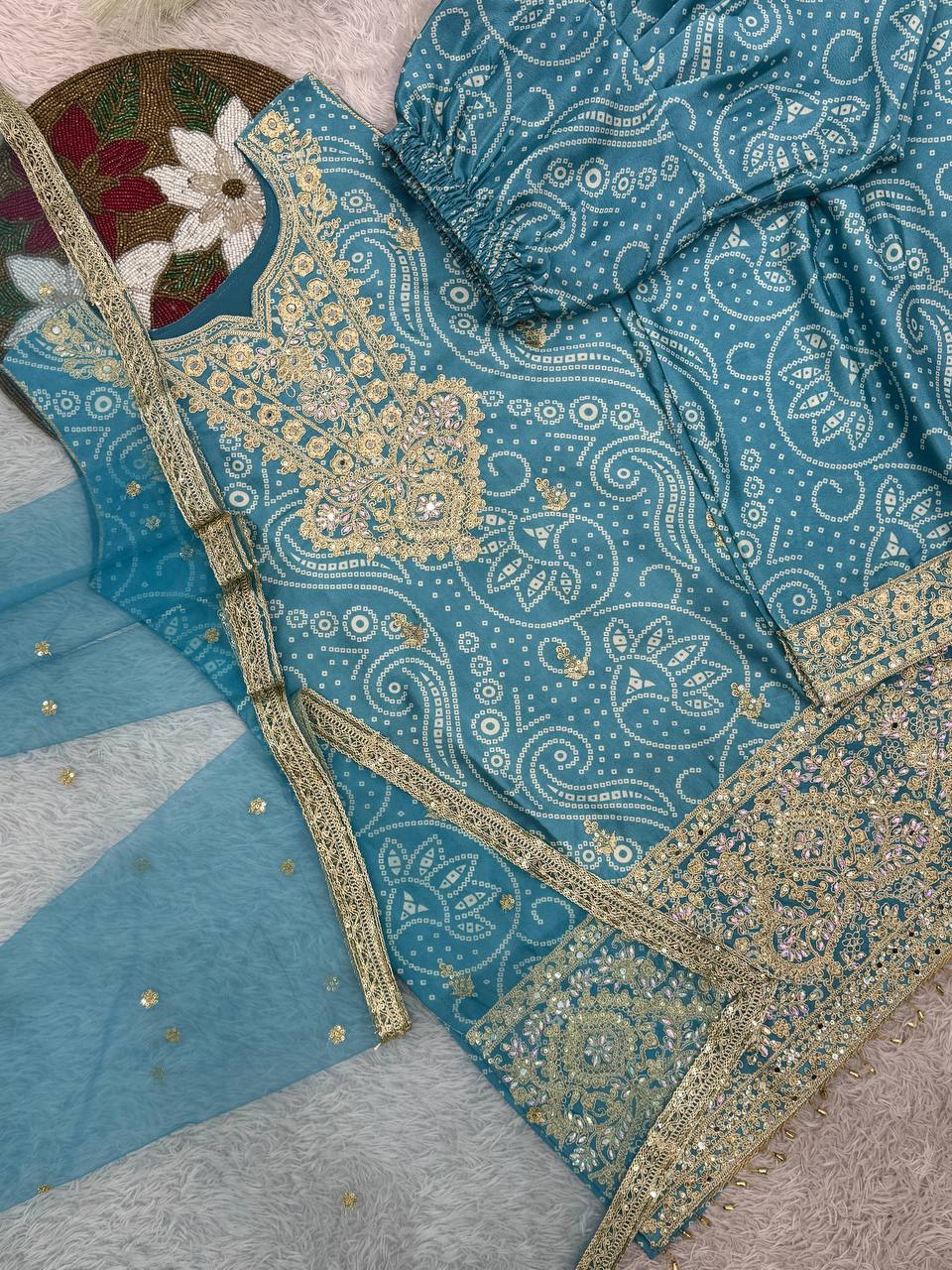 Prazu Fashion Sky Blue Chinon Silk Embroidered Dhoti Style Suit | Grocsy