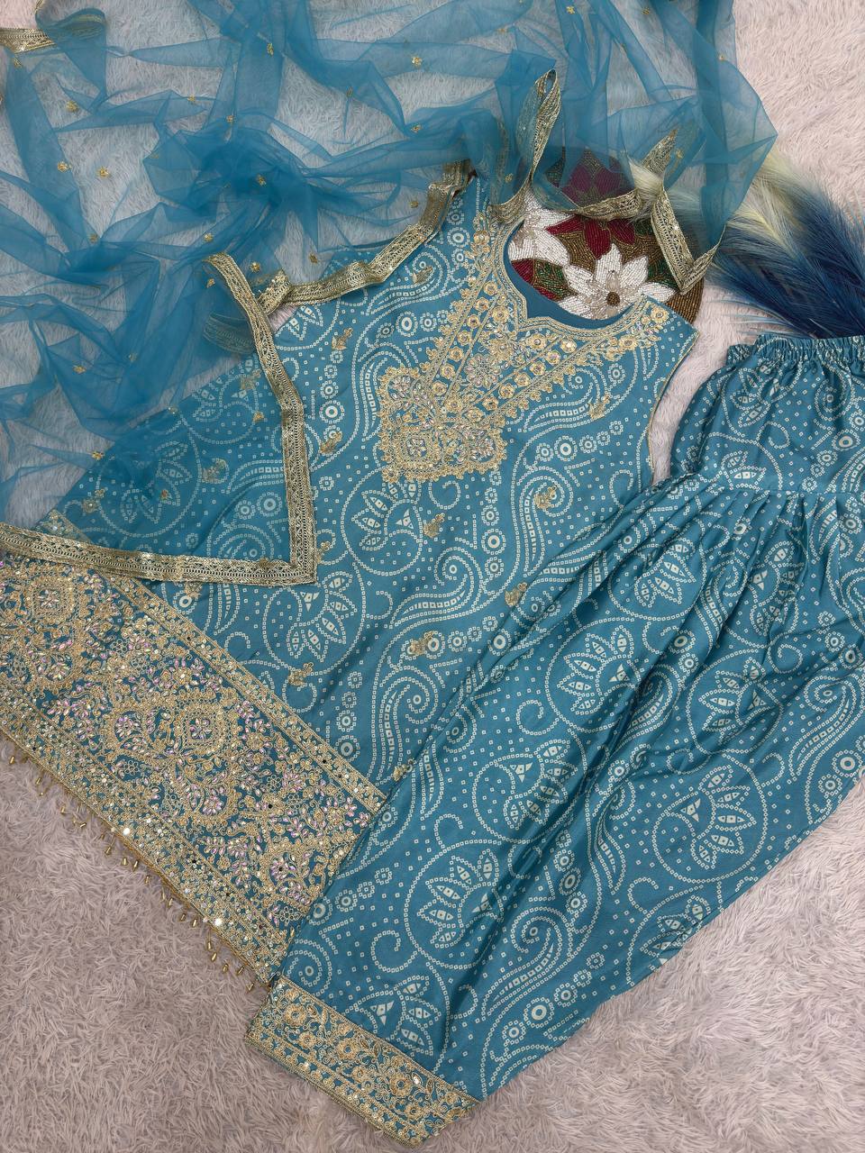 Prazu Fashion Sky Blue Chinon Silk Embroidered Dhoti Style Suit | Grocsy